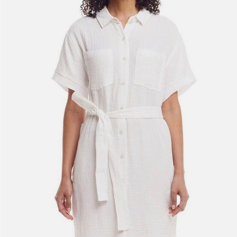WEATHERPROOF WOMENS GAUZE BELTED BUTTON UP COLLARED DRESS